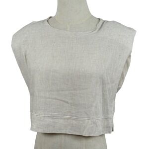 Very J Orelia Linen Blend Crop Top S Oatmeal Shoulder Pad Neutral Boxy Earthy